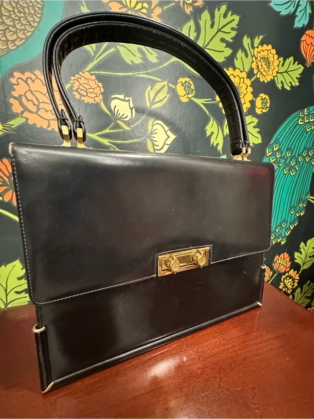 Vintage 1960s Black Structured Top Handle Bag with Red Interior - Picture 4 of 12